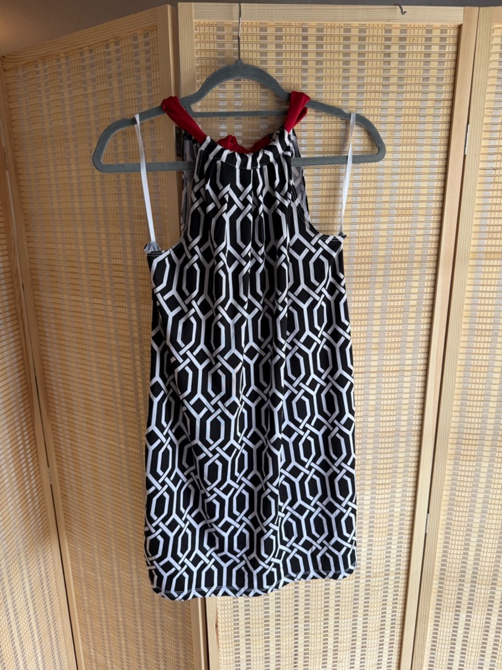 Women’s Black & White Geometric Halter Dress with Red Tie Accent